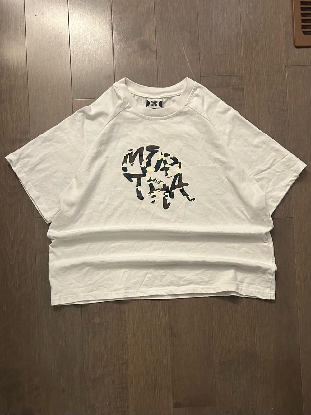 White Short-Sleeve Graphic Tee with Camo Logo